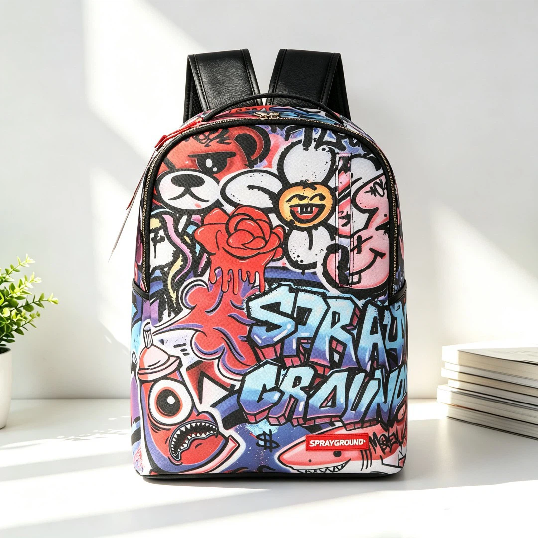 Sprayground Graffiti Bear Flower Shark Backpack, Street Art Pop Graphic Waterproof Laptop Hip‑Hop School Backpack