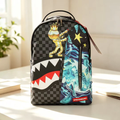 Sprayground Gold Astronaut Money Shark Backpack Checkerboard Waterproof Laptop School Bag