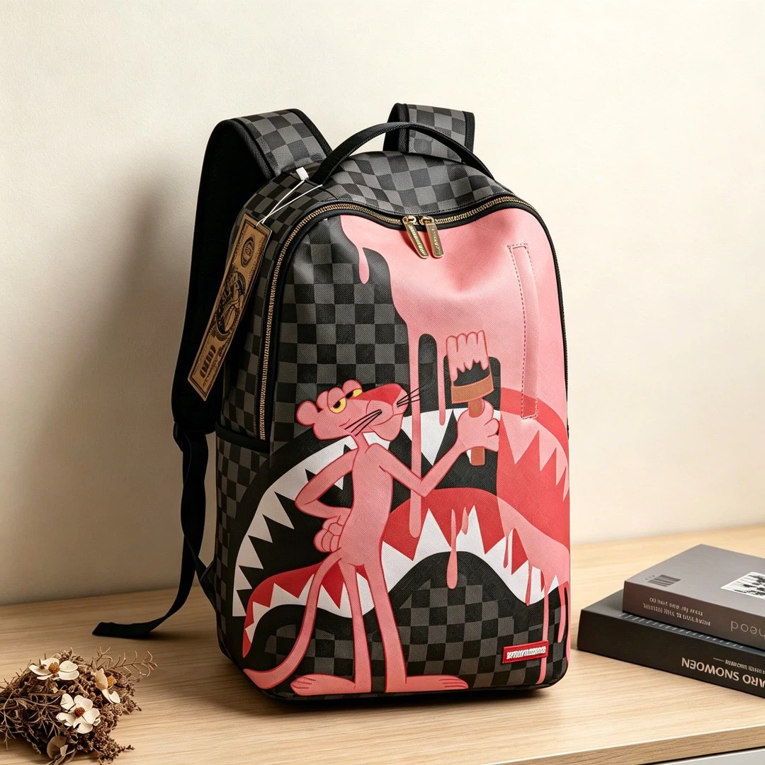 Sprayground Pink Panther Shark Backpack Checkerboard Waterproof Laptop School Travel Bag
