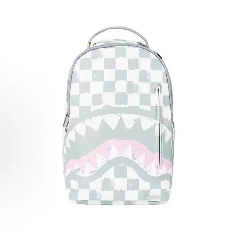 Sprayground Light Gray Checkerboard Pink Shark Backpack Waterproof Laptop School Travel Bag