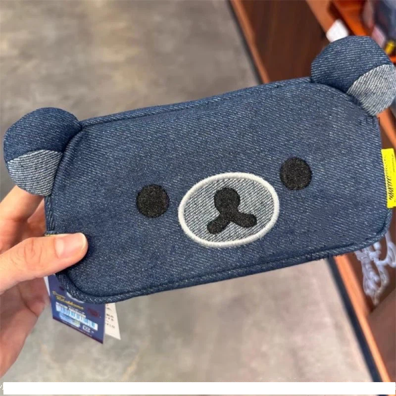 Cute 3D Bear Ear Denim Pencil Case, Embroidery Bear Face Large‑Capacity Zipper Pen Bag for Students