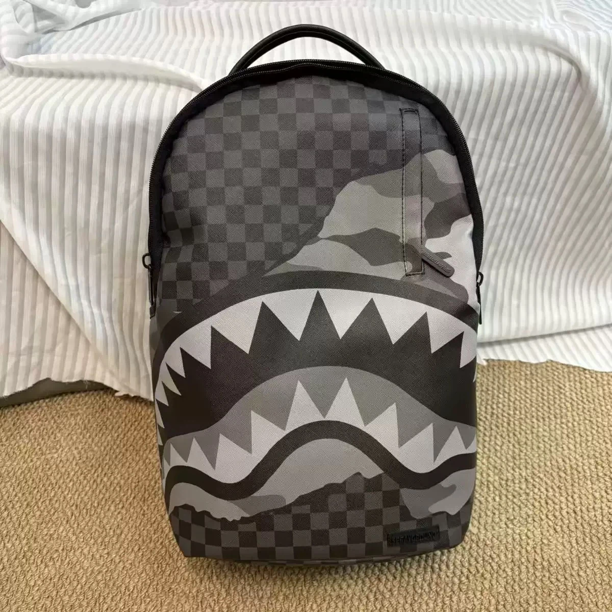 Sprayground Gray Checkerboard Camo Shark Backpack Color Block Waterproof Laptop School Travel Bag