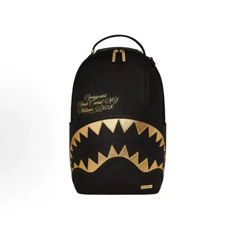 Sprayground Black Gold Embroidered Shark Backpack Waterproof PU Leather Laptop School Travel Bag