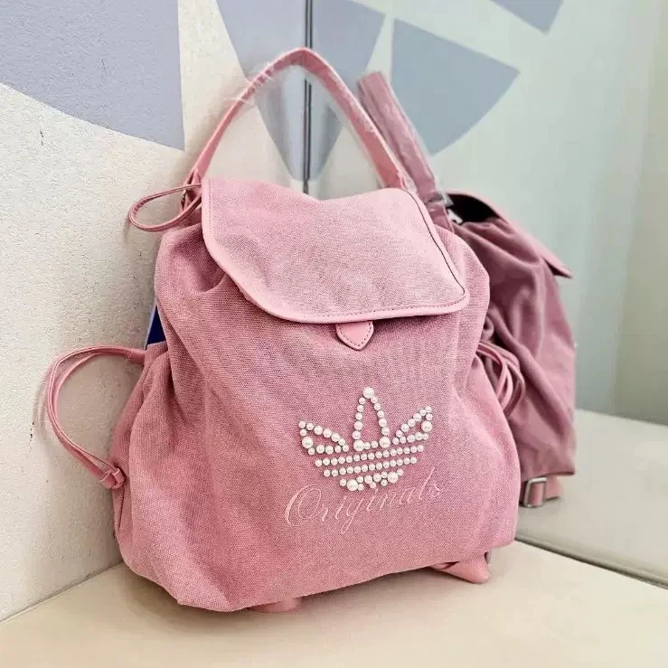 Pink Canvas Women Backpack Pearl Rhinestone Logo Drawstring Flip‑Cover Travel School Daypack