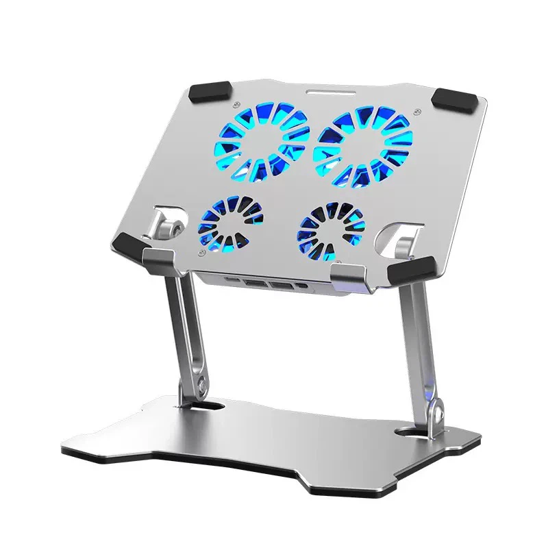 Foldable Aluminum Desktop Stand, 4‑Fan Lifting Cooling Radiator for Tablet & Small‑Size Laptops