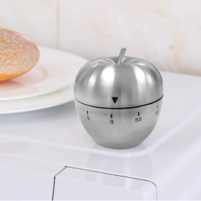 Mechanical Kitchen Timer 60 Minutes, Apple-Shaped Wind Up Timer (No Batteries), Manual Analog Cooking Timer with Loud Ring for Baking, Eggs, and Meal Prep, Silver