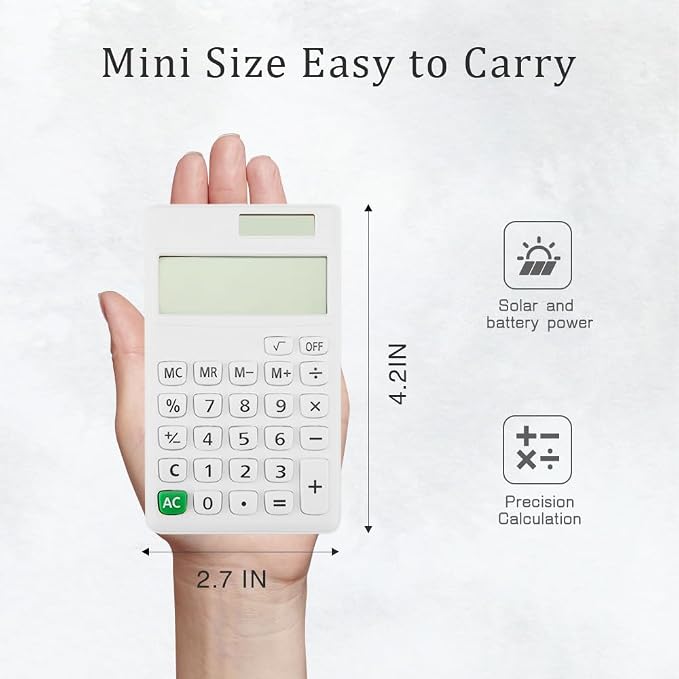 Basic Mini 4 Function Calculator,White Calculator Small for Middle School,Back to School First Day of School Supplies,Desk Calculator with Stickers,Solar Pocket Calculators for Students