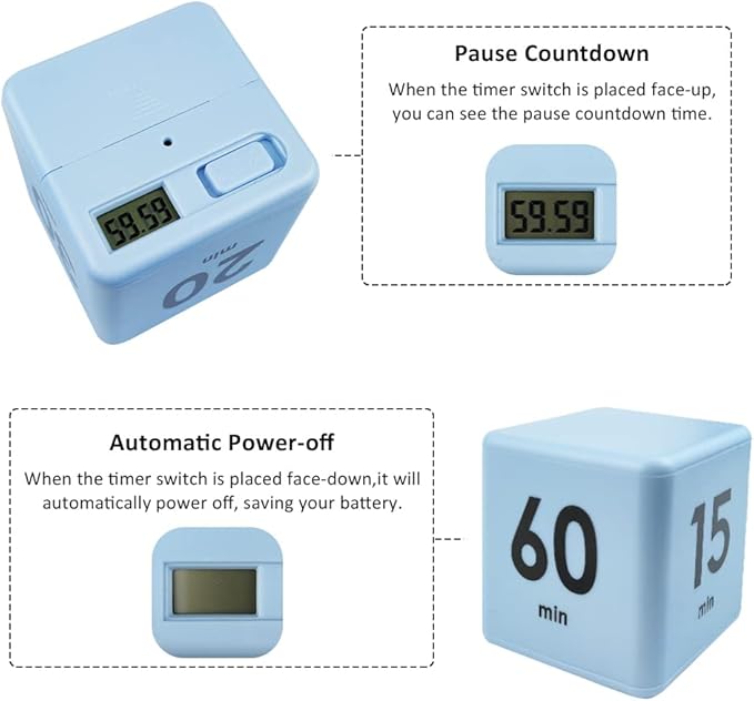 Feilifan Cube Timer,Productivity Timer Kids Time Timer Gravity Sensor flip Timer for Time Management and Countdown Settings 15 20 30 60 Minutes, Blue