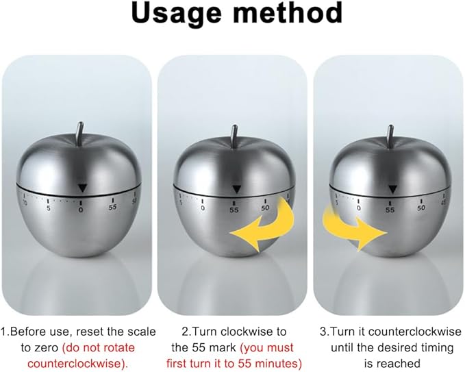 Mechanical Kitchen Timer 60 Minutes, Apple-Shaped Wind Up Timer (No Batteries), Manual Analog Cooking Timer with Loud Ring for Baking, Eggs, and Meal Prep, Silver