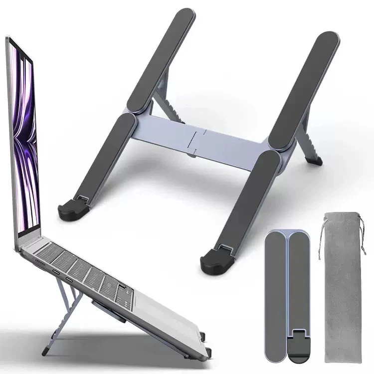 Foldable Portable Aluminum Laptop Stand, 7‑Level Height Adjustable Notebook Riser With Storage Pouch