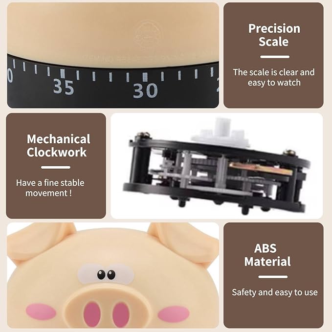 Cute Kitchen Timer, Piggy Wind up Timer Cooking Manual Kitchen Funny Mechanical Rotating Alarm for Kitchen Cooking Baking(Khaki)