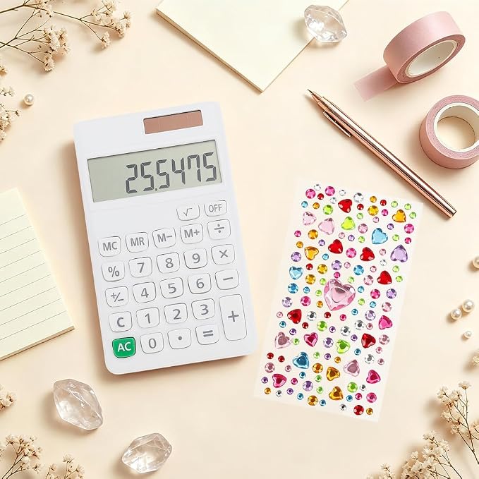 Basic Mini 4 Function Calculator,White Calculator Small for Middle School,Back to School First Day of School Supplies,Desk Calculator with Stickers,Solar Pocket Calculators for Students