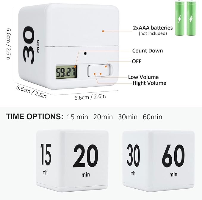 Feilifan Cube Timer, Productivity Cube Flip Timer for Kitchen Studying Workout Classroom Kids ADHD 15-20-30-60 Minute Preset, White