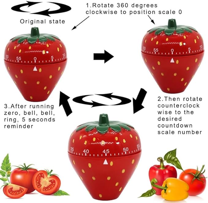 Jadeshay Kitchen Timer Strawberry Shaped, 60 Minutes Kitchen Timer Mechanical Time Reminder Kitchen Accessorie for Cooking