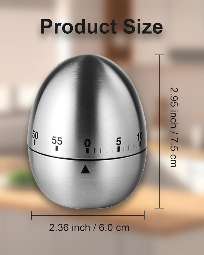 Kitchen Timer for Cooking, 60 Minutes Mechanical Timer - No Batteries Required, Stainless Steel Egg-Shape Cute Countdown Clock for Cooking, Learning, Exercises, Gaming
