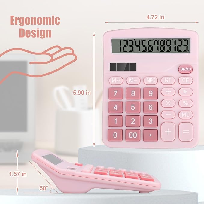 Desktop Calculator, Pink Calculator Big Buttons, 12-Digits Large LCD Display, Solar and AA Battery Dual Power, Desk Calculators for Office Home School Business Class (Pink) | Large LCD Display, Solar and AA Battery Dual Power, Desk Calculators for Offi...