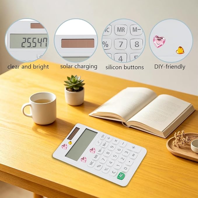 Basic Mini 4 Function Calculator,White Calculator Small for Middle School,Back to School First Day of School Supplies,Desk Calculator with Stickers,Solar Pocket Calculators for Students