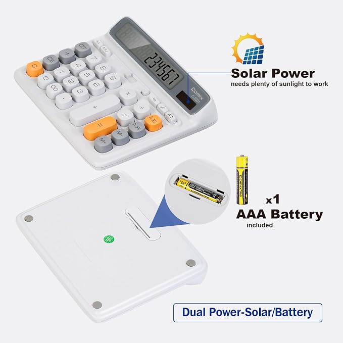 Comix Desktop Calculator, 12 Digits Large Button Desk Calculator, White | Solar Battery Dual Power, Large LCD Display, Computer Keys, 4 Function Basic Calculator for Office Business Home Use