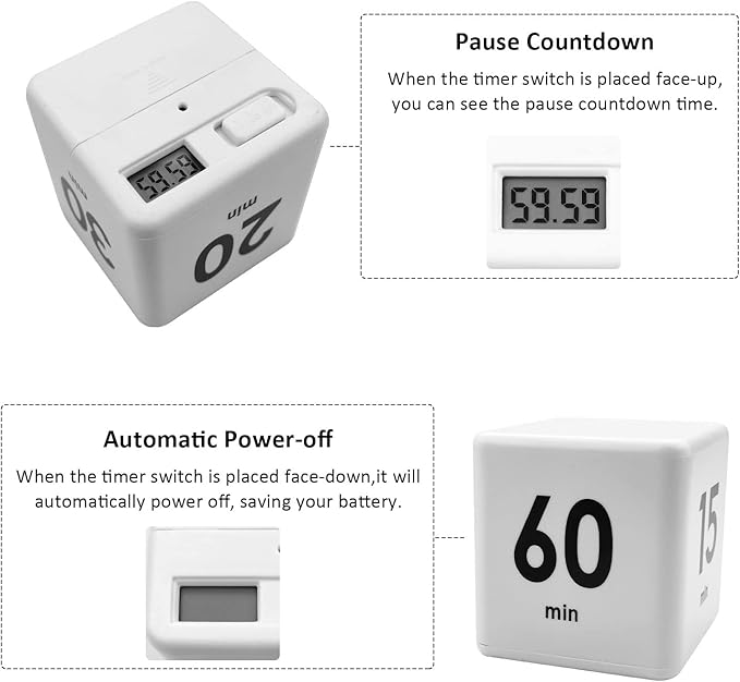 Feilifan Cube Timer, Productivity Cube Rotating Timer for Kitchen Studying Workout Classroom Kids ADHD 1-3-5-10 Minute Preset, White