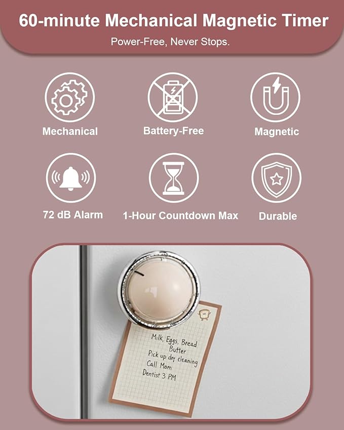 Kitchen Timer for Cooking, Magnetic Mechanical Timers - No Batteries Required - Loud Alarm, Wind Up Manual 60-Minute Countdown Reminder for Cooking, Baking, Exercise, Study, Working, Off-White