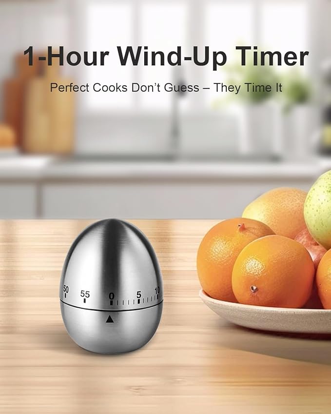 Kitchen Timer for Cooking, 60 Minutes Mechanical Timer - No Batteries Required, Stainless Steel Egg-Shape Cute Countdown Clock for Cooking, Learning, Exercises, Gaming