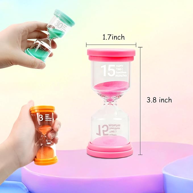 Sand Timer Set 3/5/10/15/30 Minutes with Inspirational Sticker Sheet, Colorful Decorative Hourglass for Home Office Kitchen Time Management, Decorative Sand Clock