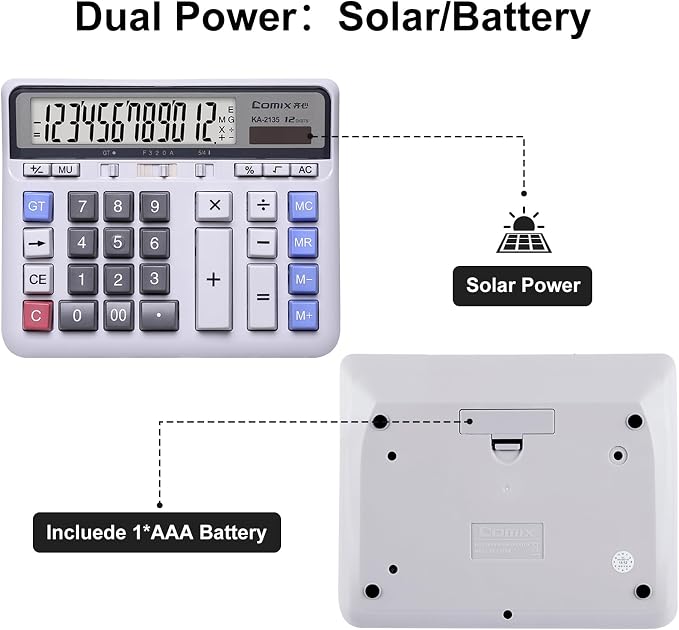 Comix Desktop Calculator, 12 Digits Large Button Desk Calculator, White | Solar Battery Dual Power, Large LCD Display, Computer Keys, 4 Function Basic Calculator for Office Business Home Use