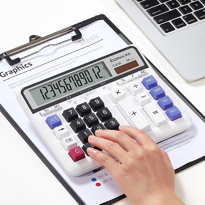 Comix Desktop Calculator, 12 Digits Large Button Desk Calculator, White | Solar Battery Dual Power, Large LCD Display, Computer Keys, 4 Function Basic Calculator for Office Business Home Use