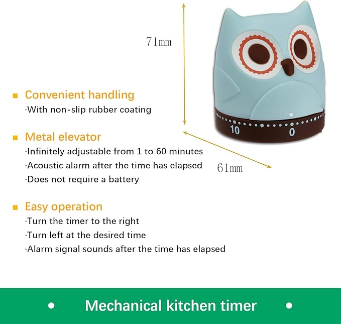 Mechanical Kitchen Timer, Cute Wind Up 60-Minute Manual Countdown for Kids, Classroom, Home, Study and Cooking