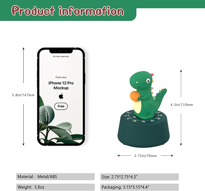 ELE DEPI 60 Minutes Mechanical Kitchen Timer,Cute Dinosaur Timer for Kids,Wind Up Egg Timer for Cooking,Reading,Classroom and Do Sports. (Dark Green)