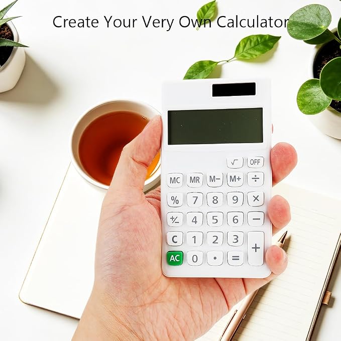 Basic Mini 4 Function Calculator,White Calculator Small for Middle School,Back to School First Day of School Supplies,Desk Calculator with Stickers,Solar Pocket Calculators for Students