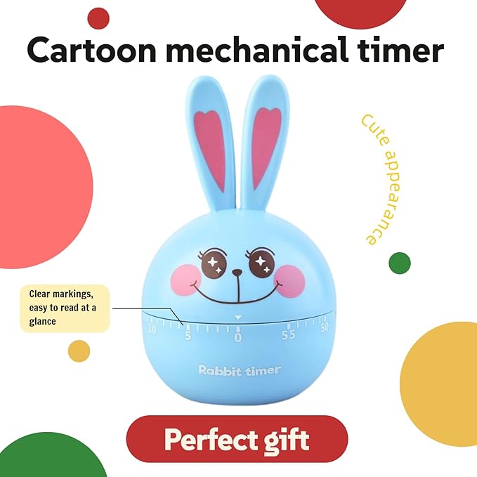 Cartoon Mechanical Kitchen Timer, 60 Minutes Countdown Timer, Mechanical Visual Timer for Kids - No Batteries Required, Kitchen Timer for Cooking, Home, Study and Classroom (Blue-D)