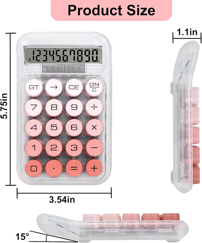 Cute Calculator, Mechanical Switch Calculator, Calculators Desktop | 10 Digits, Desk Calculators with Big Buttons and LCD Display, Battery Power,Ideal for School Home Office Basic(Pink)