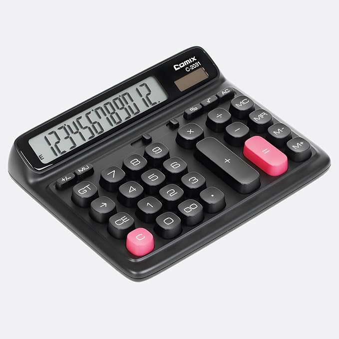Comix Desktop Calculator, 12 Digits Large Button Desk Calculator, Black | Solar Battery Dual Power, Large LCD Display, Computer Keys, 4 Function Basic Calculator for Office Business Home Use