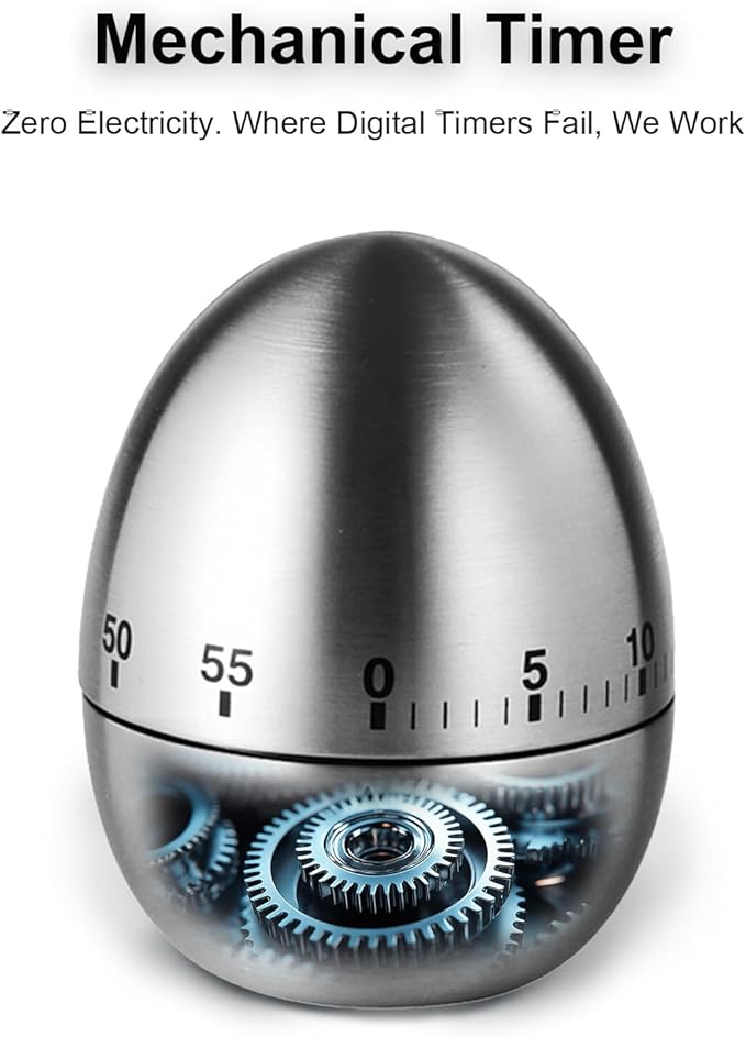 Kitchen Timer for Cooking, 60 Minutes Mechanical Timer - No Batteries Required, Stainless Steel Egg-Shape Cute Countdown Clock for Cooking, Learning, Exercises, Gaming