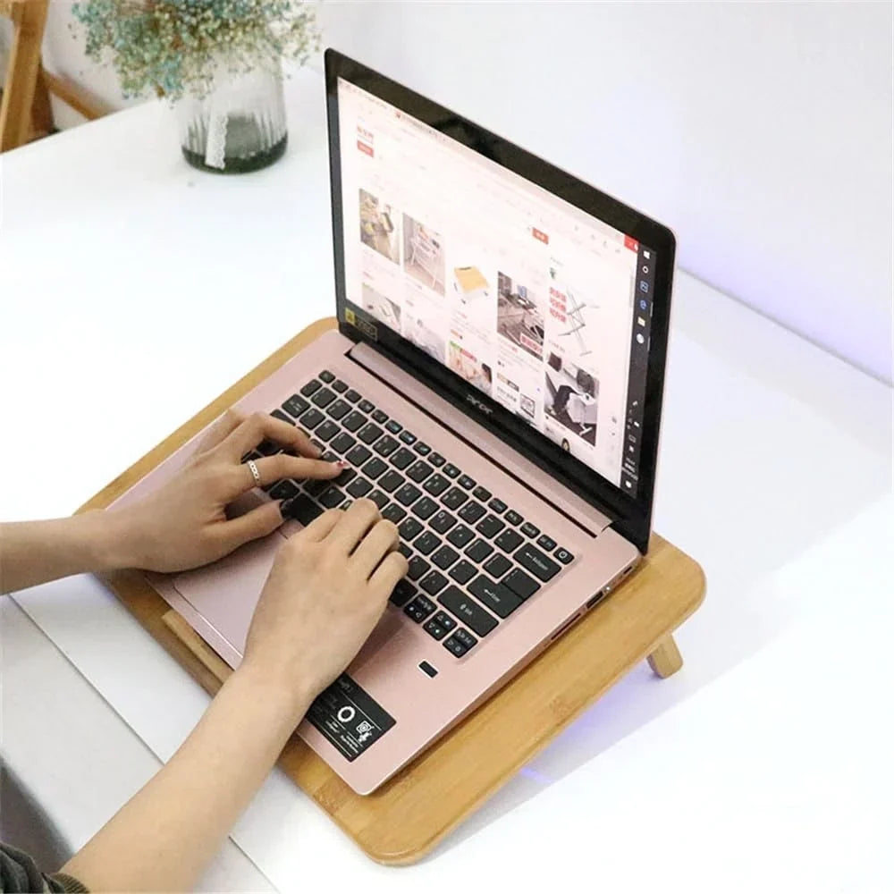 Bamboo Laptop Cooling Stand with Dual Cooling Fans Adjustable Notebook Riser