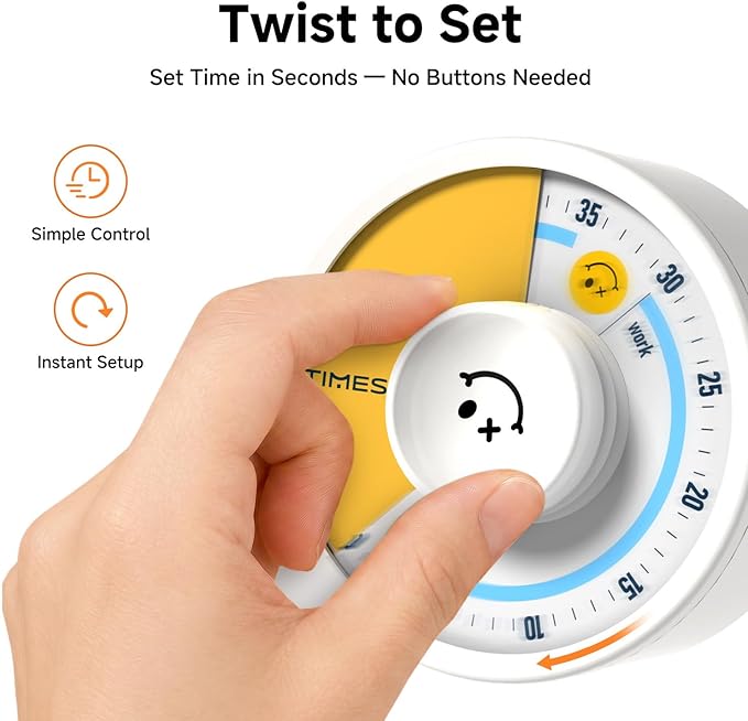 60-Minute Visual Timer, Twist to Set, Loud Battery-Powered Alarm, Manual Rotary Countdown Dial for Study, Focus, Classroom, Office & Home Time Management (White Smile)