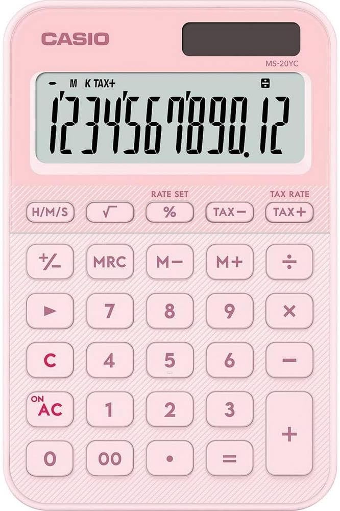 CASIO MS-20YC small desktop calculator with time calculation, light pink
