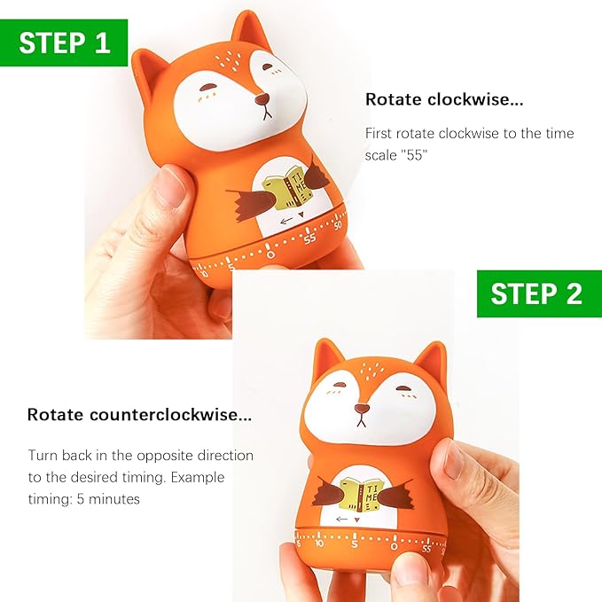 Cute Orange Fox Mechanical Kitchen Timer, 60-Minute Manual Wind Up Countdown Clock, Premium Matte Finish Visual Timer for Kids Study, Homeschooling, Classroom & Task Management (Fox Orange)