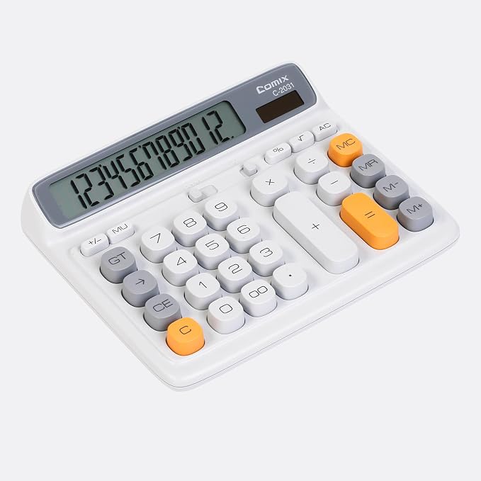 Comix Desktop Calculator, 12 Digits Large Button Desk Calculator, White | Solar Battery Dual Power, Large LCD Display, Computer Keys, 4 Function Basic Calculator for Office Business Home Use