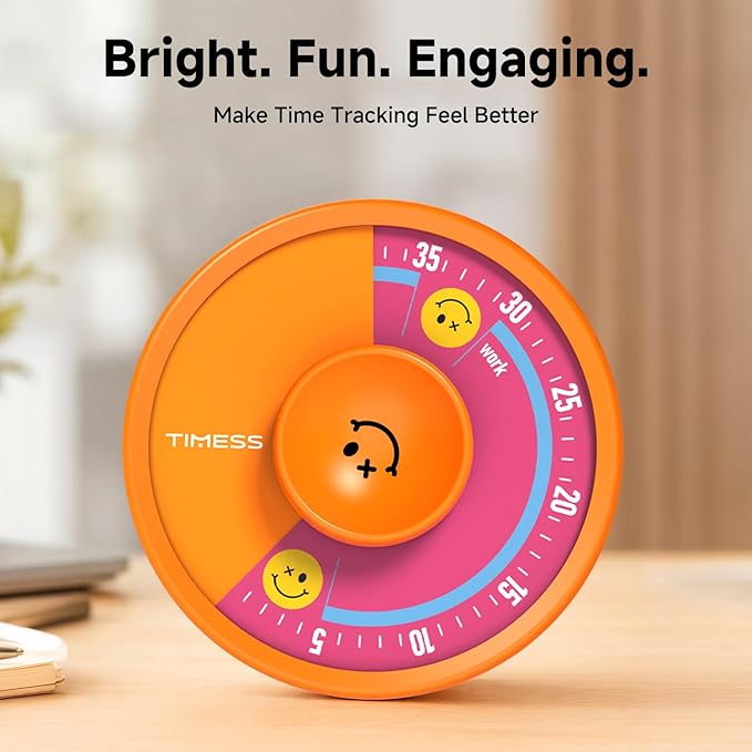 60-Minute Visual Timer, Twist to Set, Loud Battery-Powered Alarm, Bright Rotary Countdown Dial for Focus, Study, Classroom, Office & Home (Orange Smile)