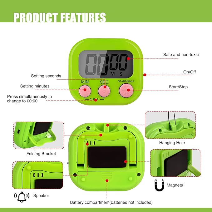 6 Pack Multi-Function Electronic Timer, Colorful Kitchen Timers Digital Magnetic, Countdown Timer, Big LCD Display Loud Alarm Kitchen Timers for Cooking, Bathing, Gym, Meeting, Classroom