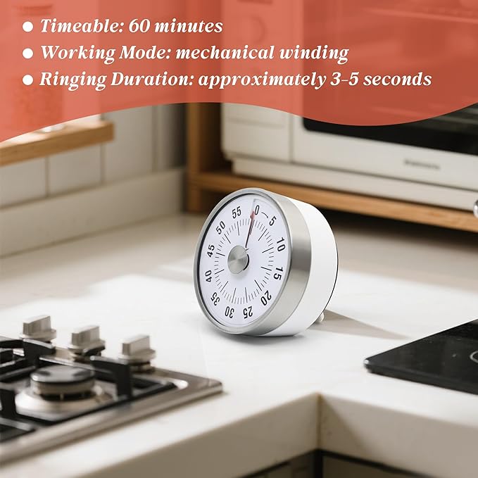 Kitchen Timer for Cooking,Chef Cooking Timer Clock,Visual Timers,60-Minute Countdown,Magnetic Base, Mechanical Clockwork,No Batteries Required,Ringer Alert,Timers for Kitchen/Study/Work/Gym,White