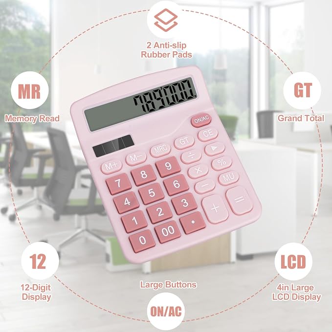 Desktop Calculator, Pink Calculator Big Buttons, 12-Digits Large LCD Display, Solar and AA Battery Dual Power, Desk Calculators for Office Home School Business Class (Pink) | Large LCD Display, Solar and AA Battery Dual Power, Desk Calculators for Offi...