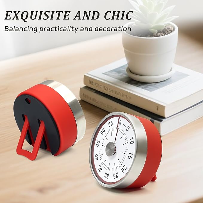 Kitchen Timer for Cooking,Chef Cooking Timer Clock,Visual Timers,60-Minute Countdown,Magnetic Base, Mechanical Clockwork,No Batteries Required,Ringer Alert,Timers for Kitchen/Study/Work/Gym,Red
