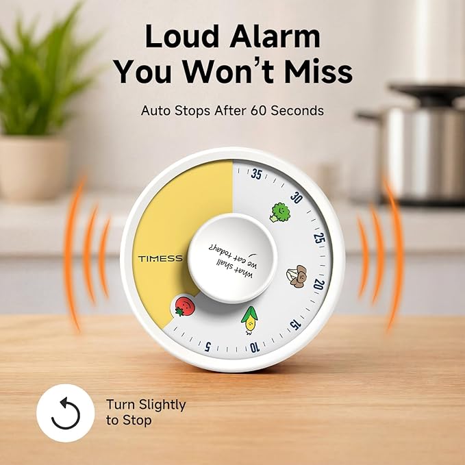 60-Minute Visual Timer, Twist to Set, Loud Battery-Powered Alarm, Easy Manual Rotary Countdown Dial for Kitchen Cooking, Baking, Meal Prep & Home Use (White Food Icons)