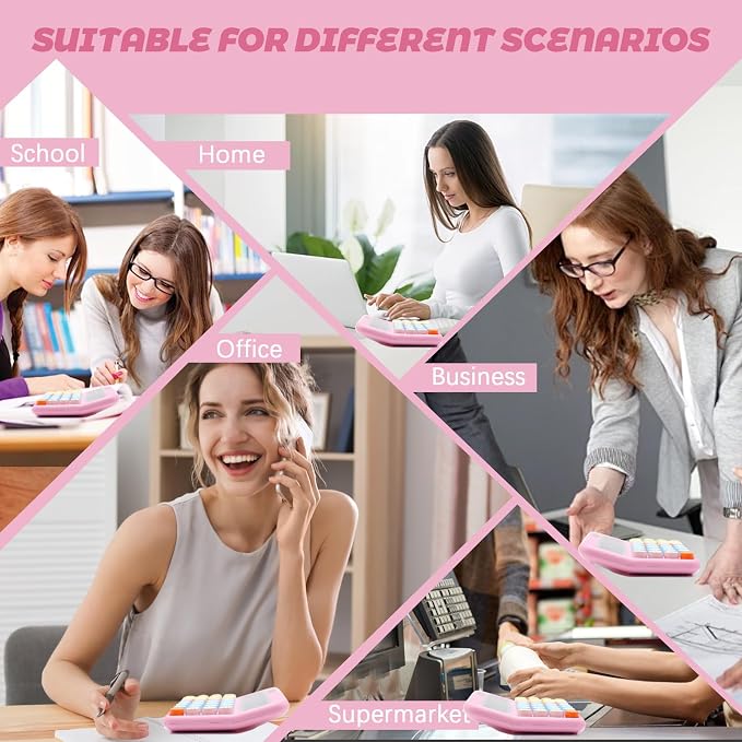Pink Calculator, Solar Calculators Desktop, Big Button Calculator for Desk | Large Button Calculator with Large LCD Display, Powered by two Modes, Pink Desk Accessories for Offices, Schools and Homes