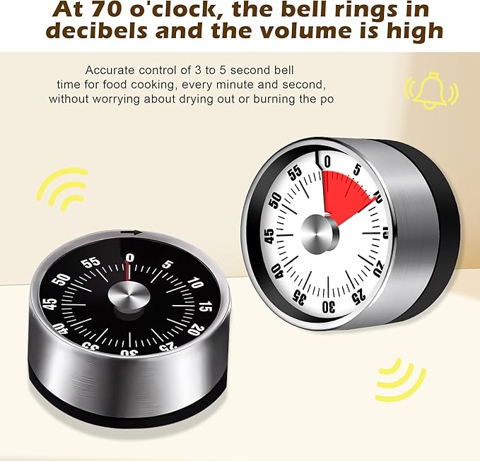 Premium Mechanical Kitchen Timer, No Battery Required, Magnetic Base, Twist Dial Control, Space Saving Design for Cooking Exercise, Silver and Black