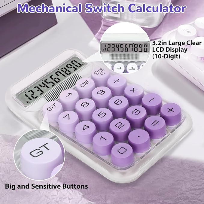 Cute Calculator, Mechanical Switch Calculator, Calculators Desktop | 10 Digits, Desk Calculators with Big Buttons and LCD Display, Battery Power, Ideal for School Home Office Basic (Purple)