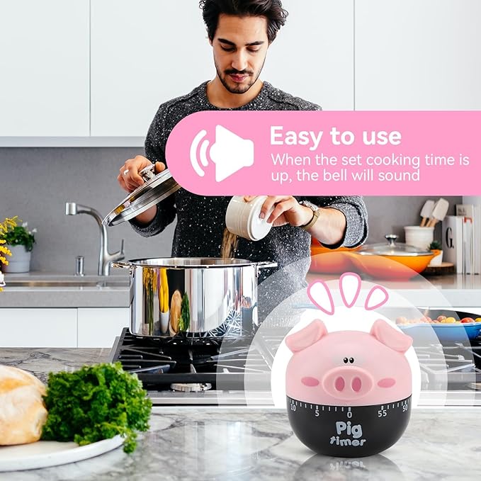 Cute Pig Kitchen Timer, 55 Minute Timer Mechanical Count Down Timer Clock for Cooking Baking Time Management, Pink, 6.5 * 7cm/2.6 * 2.8in